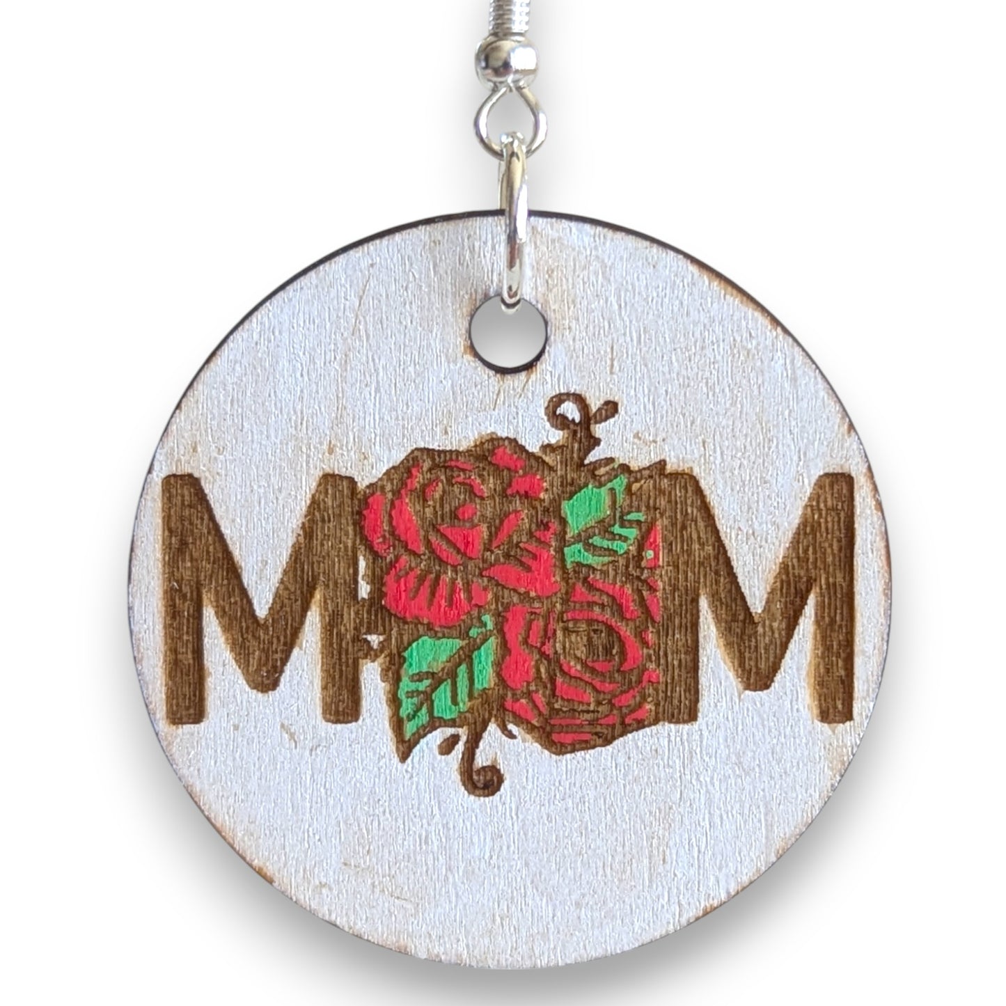 Mom Rose Etched Wood Earrings