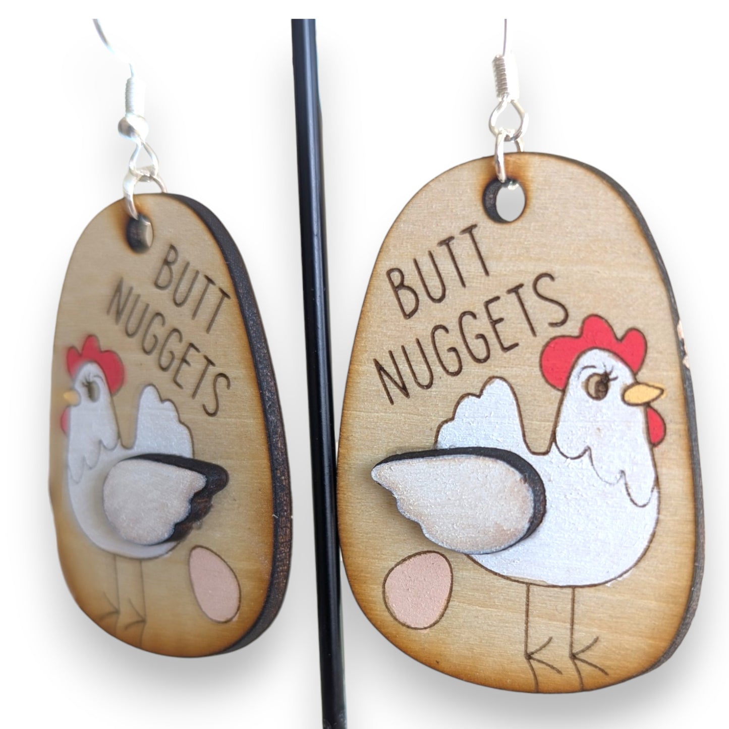 Butt Nugget Chicken Layered Wood Earrings