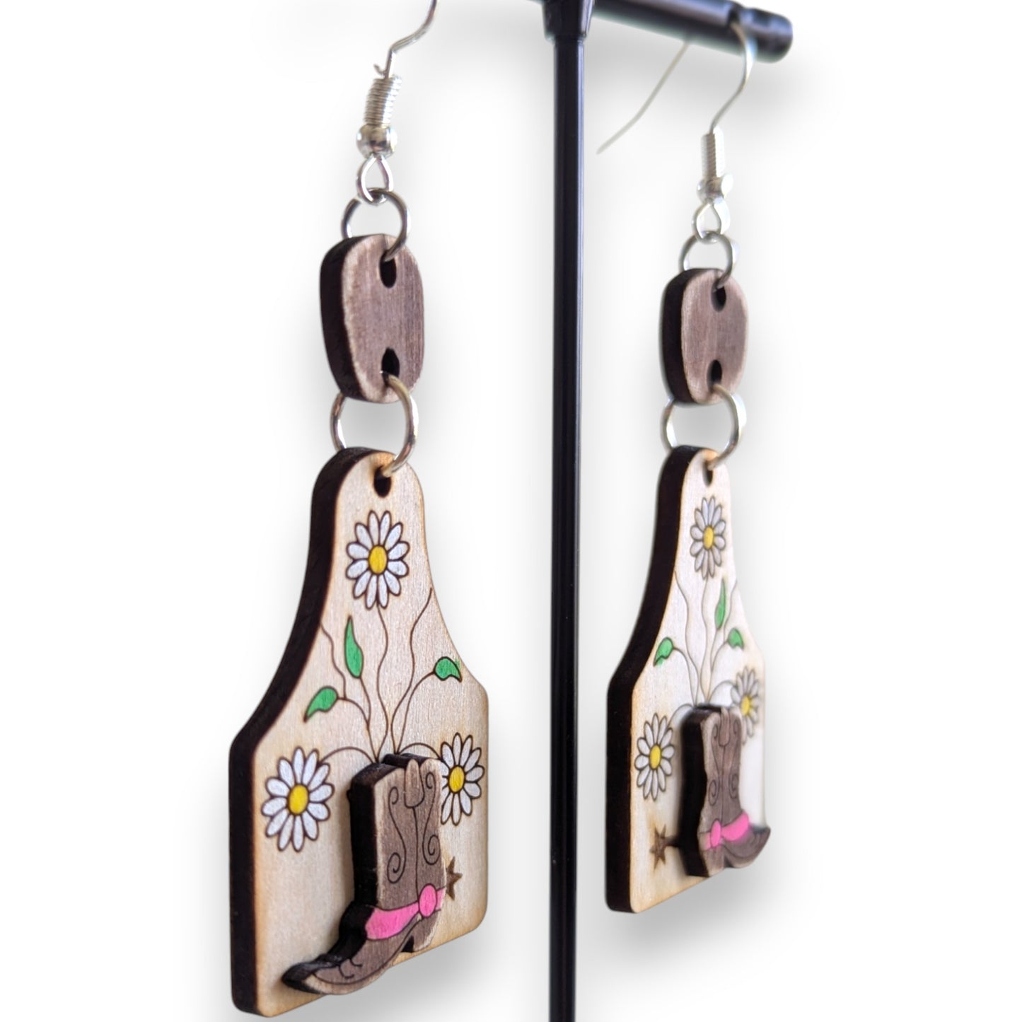 Daisy Cowboy Boots Layered Wood Earrings