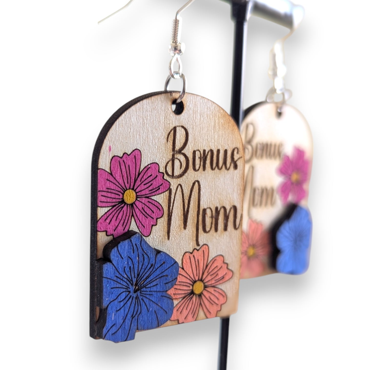 Flower Bonus Mom Layered Wood Earrings