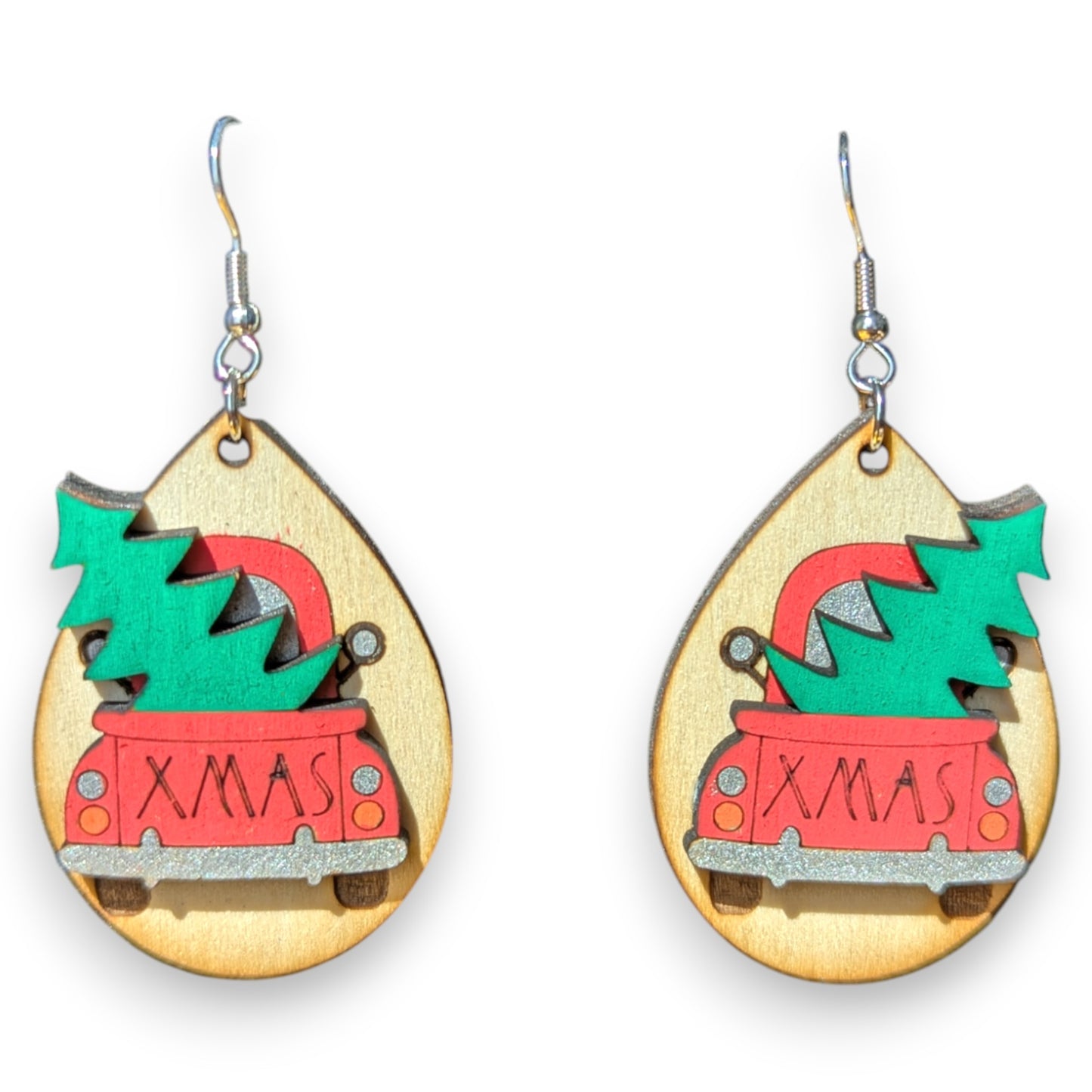 Christmas Tree Truck Layered Wood Earring