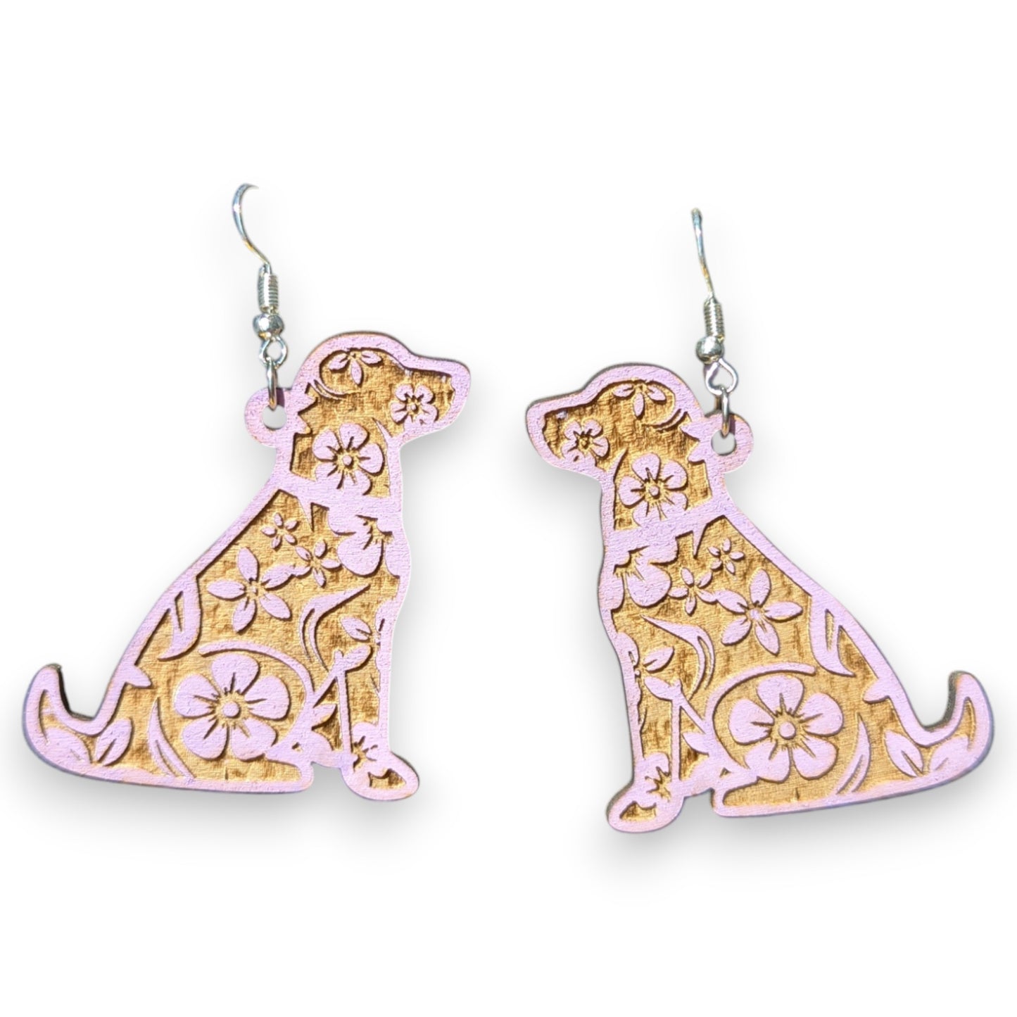 Floral Flower Dog Dangle Wood Earring