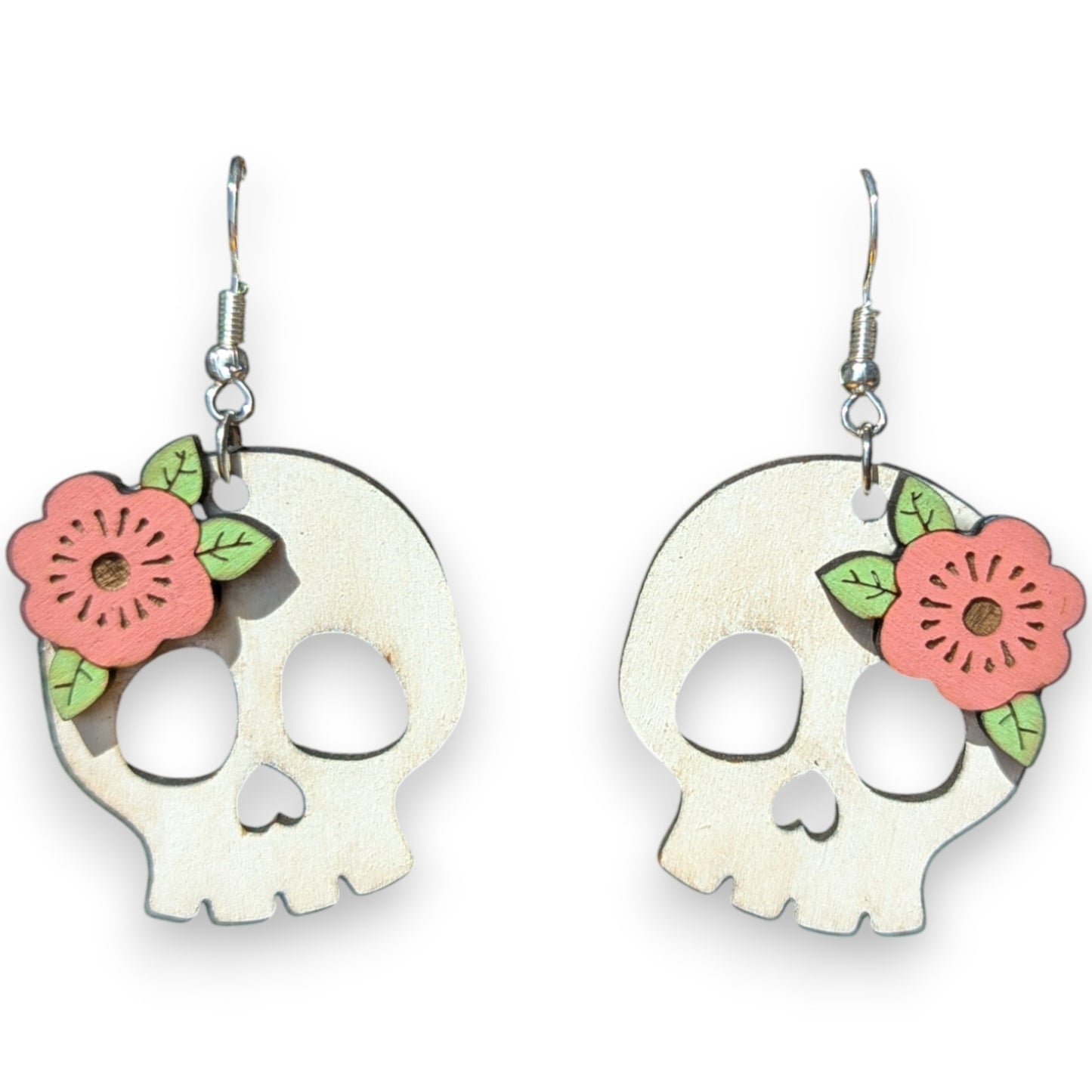 Skulls and Flower Wood Earrings