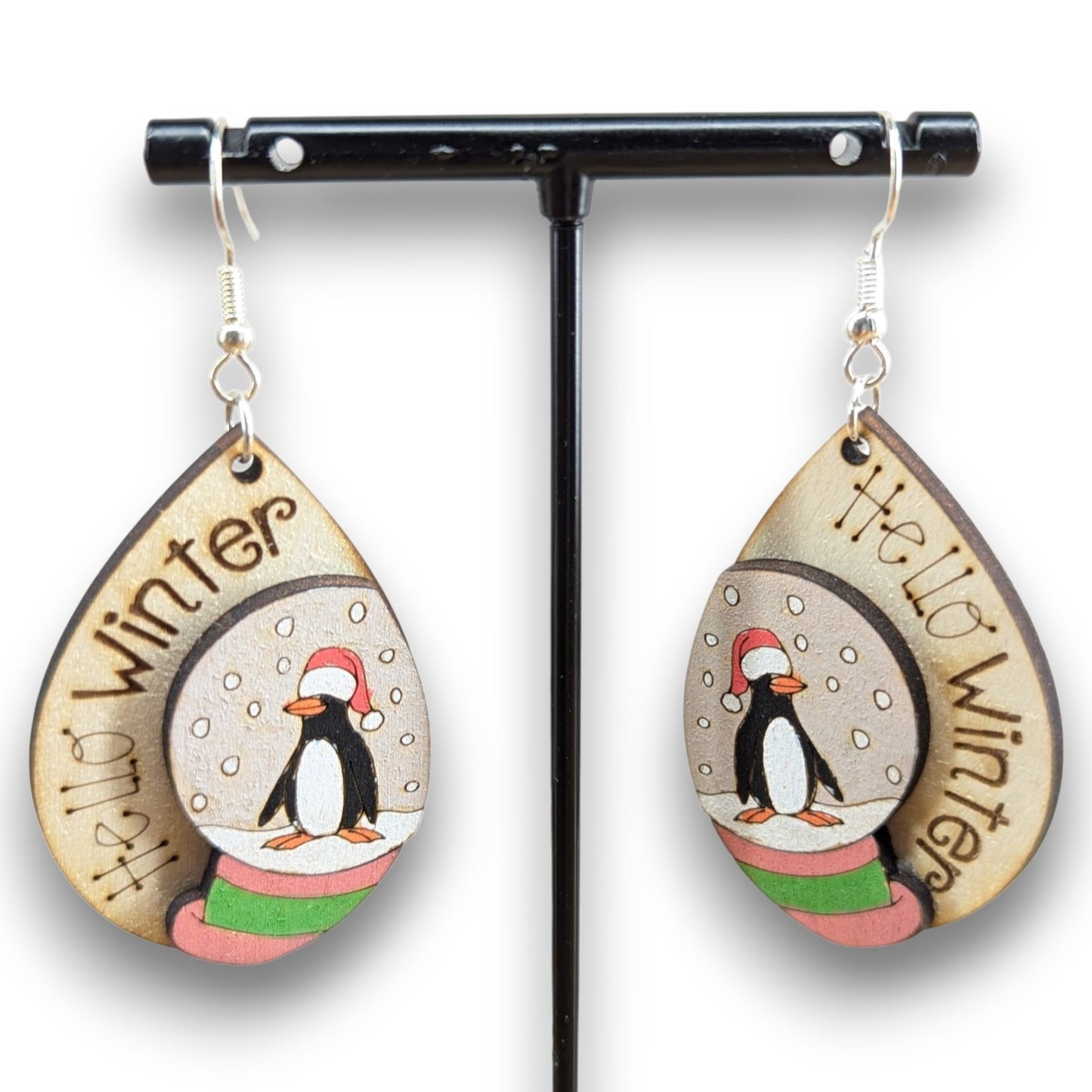 Snow Globe Penguin Wood Layered Earrings