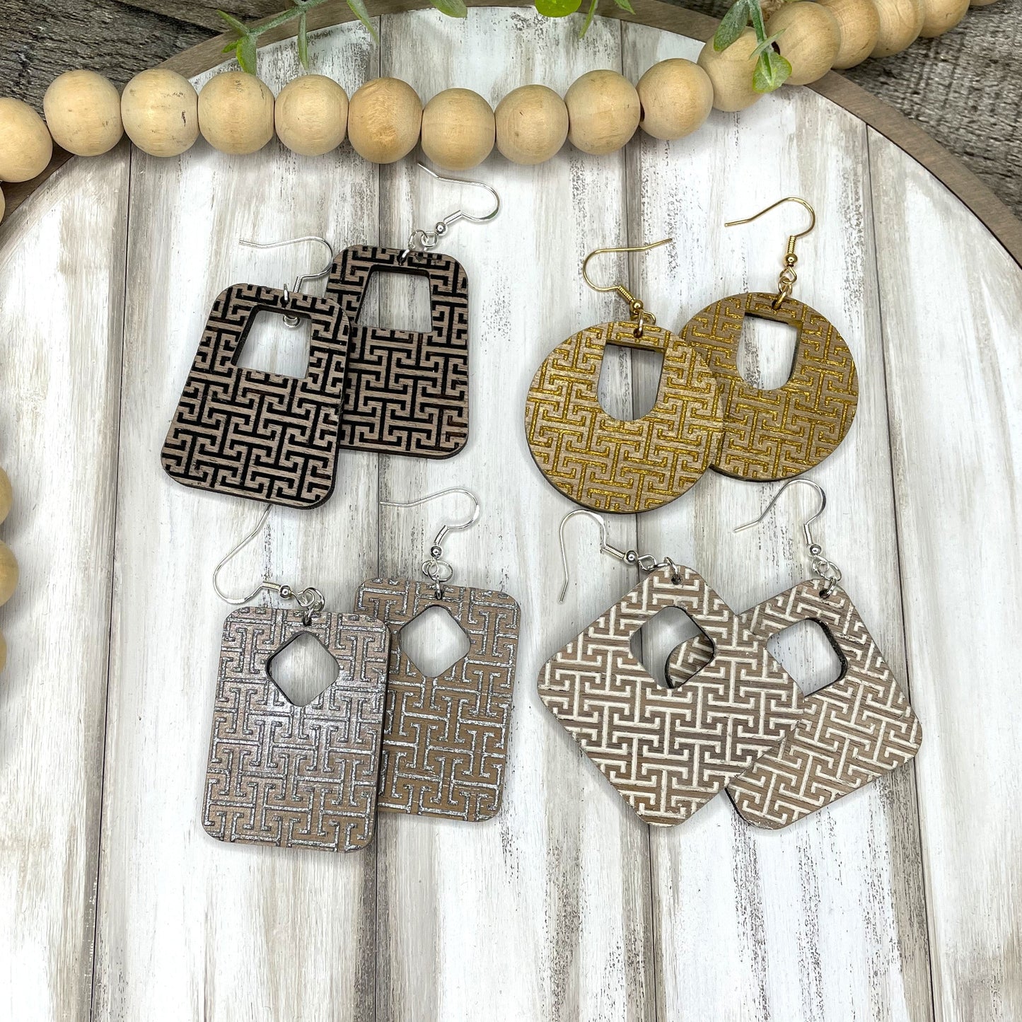 Modern Greek Key Wood Earrings