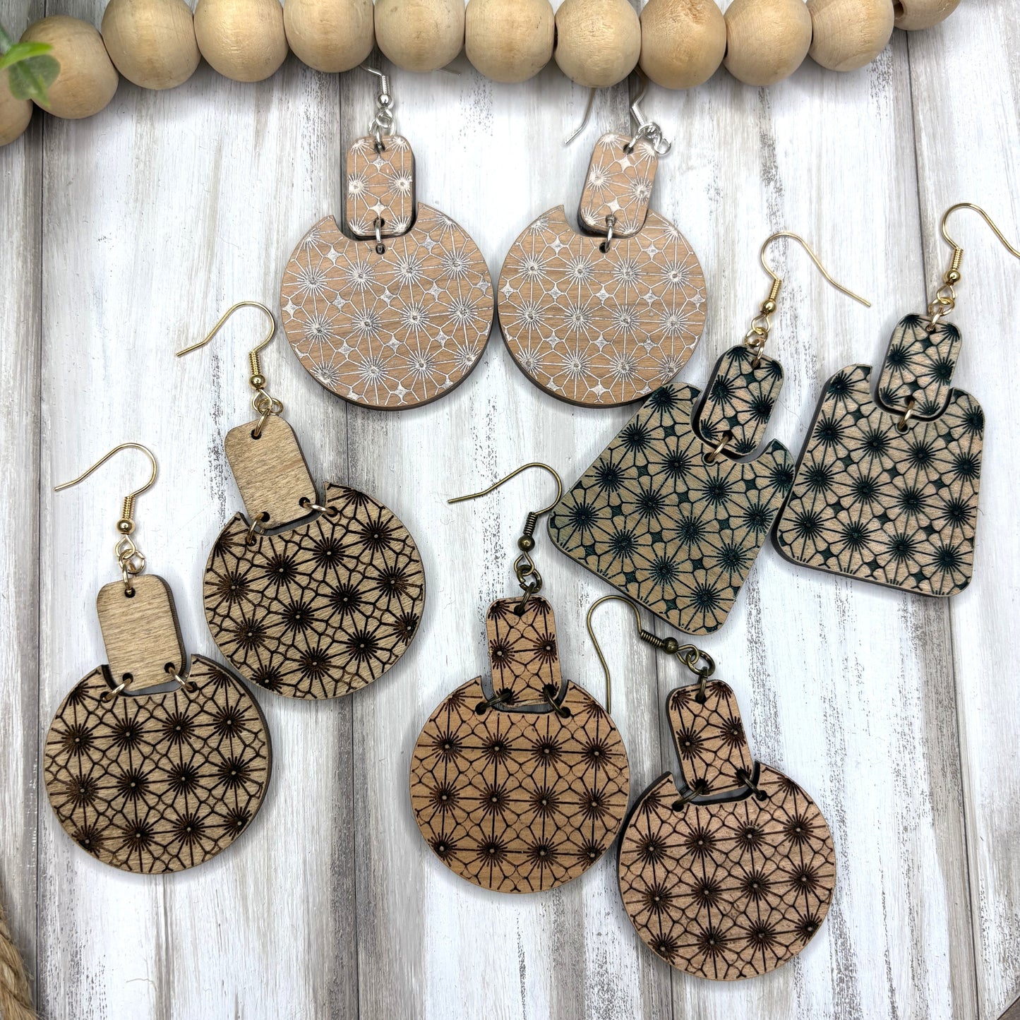 Tiny Floral Geometric Wood Earrings