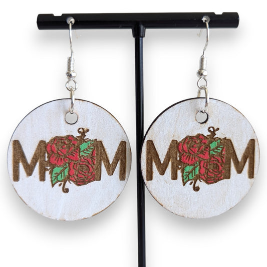 Mom Rose Etched Wood Earrings
