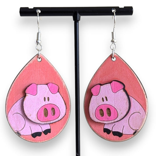 Pig Layered Wood Earrings