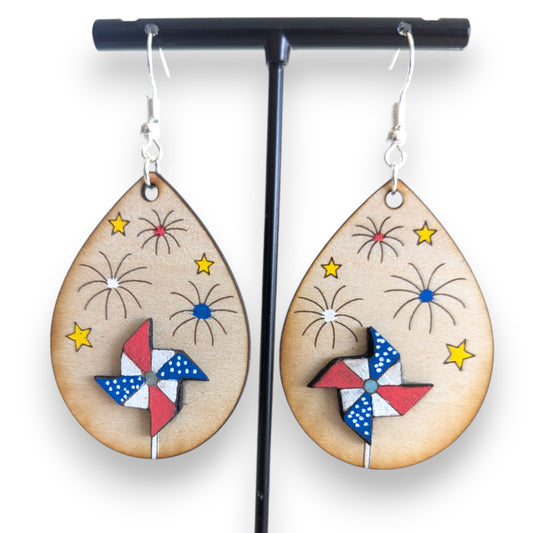Patriotic Pinwheel Layered Wood Earrings