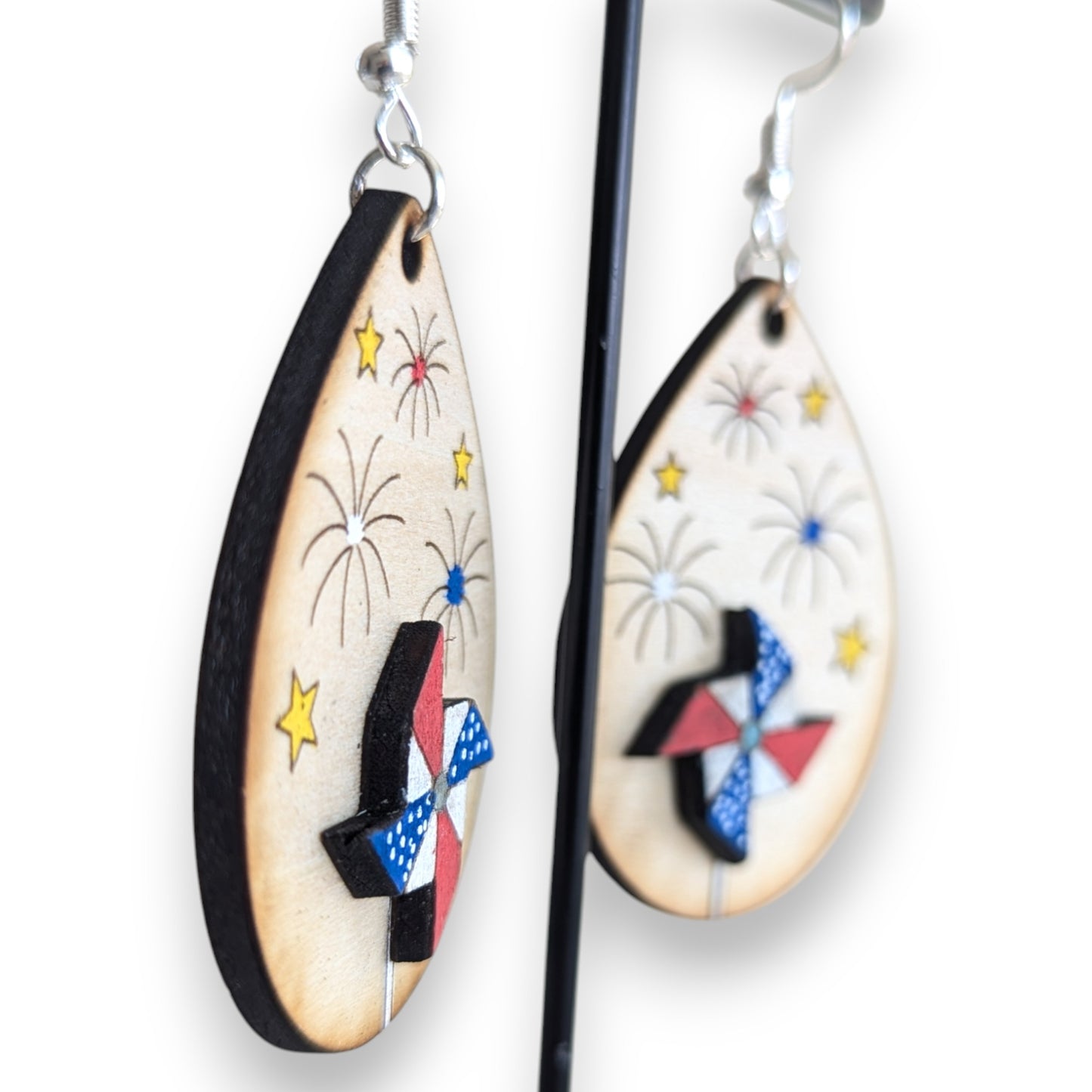 Patriotic Pinwheel Layered Wood Earrings