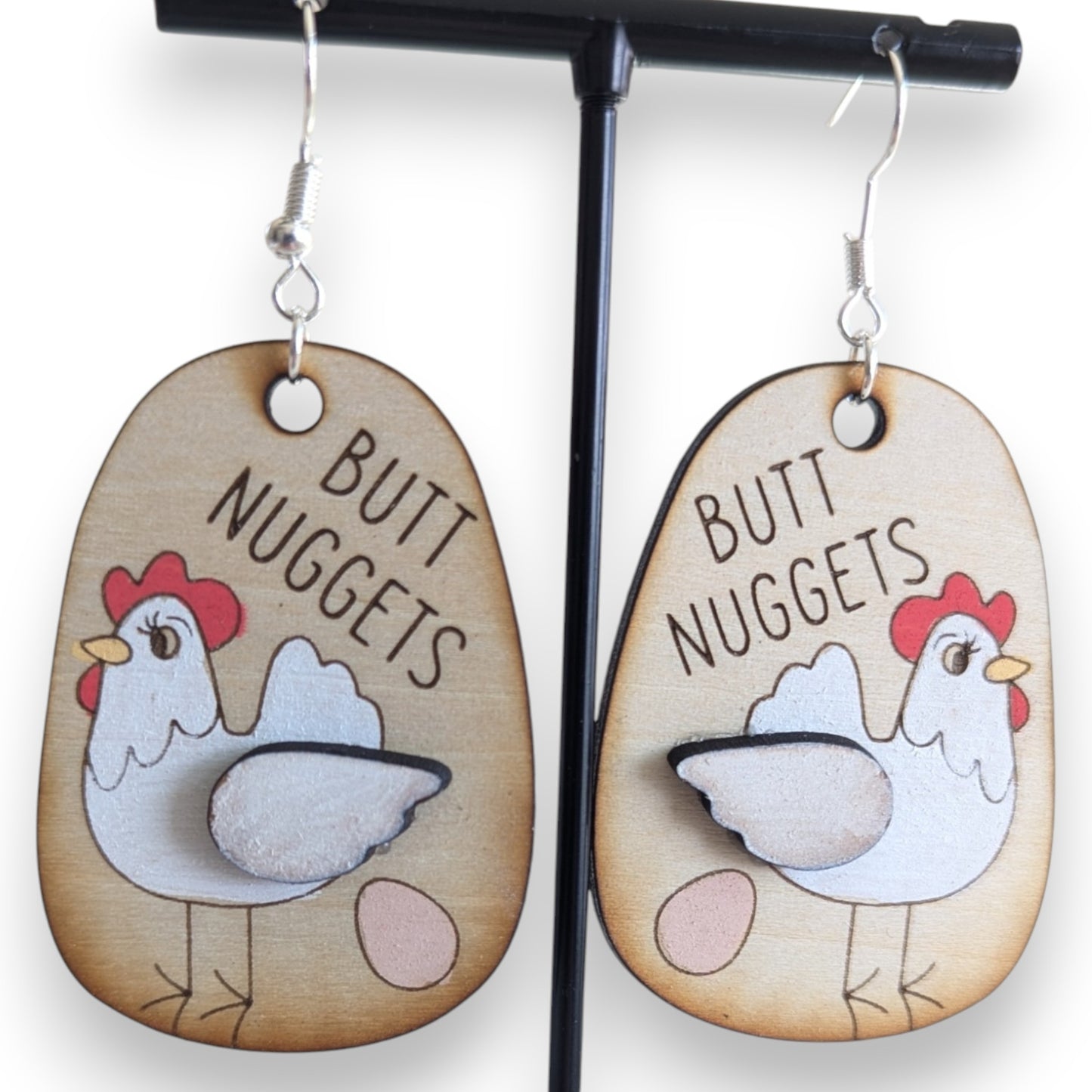 Butt Nugget Chicken Layered Wood Earrings