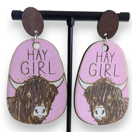 Hey Girl Highland Cow Wood Earrings