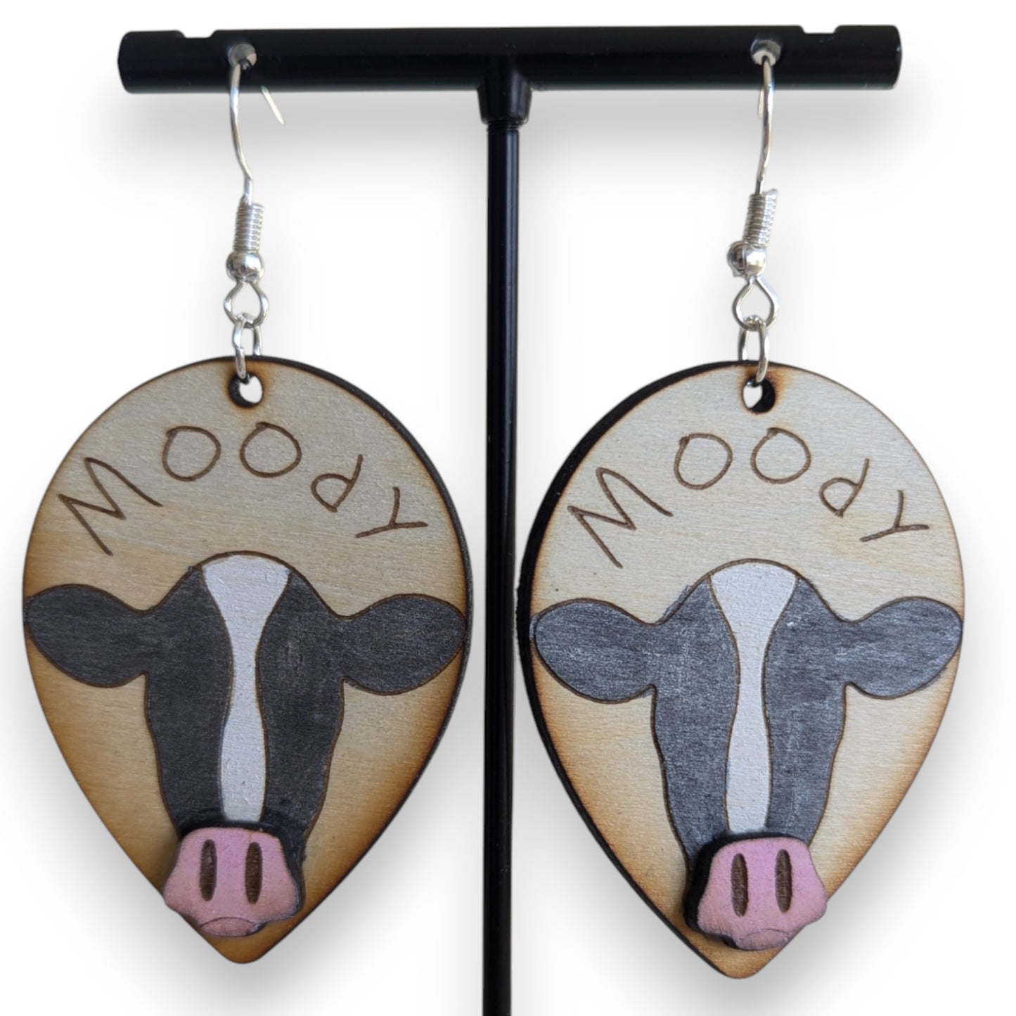 Moody Cow Layered Wood Earrings