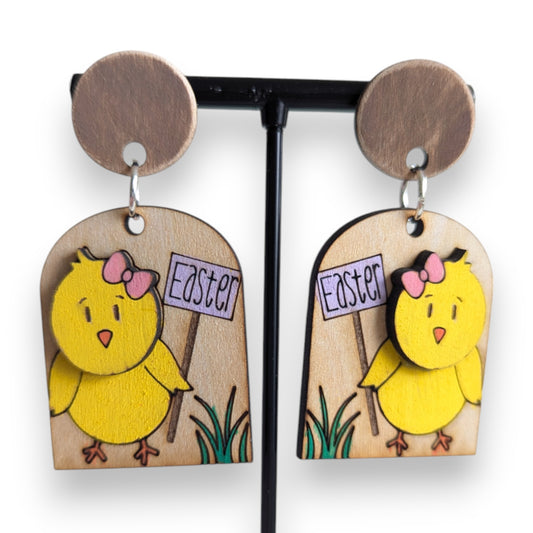 Easter Chick Layered Wood Earrings