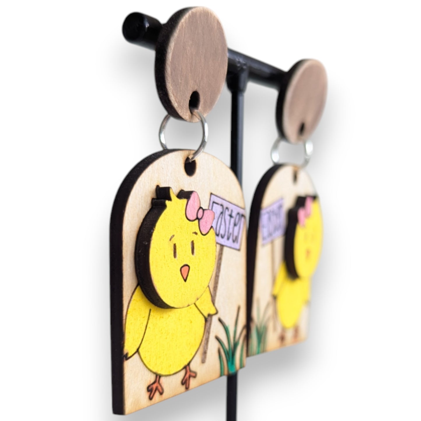 Easter Chick Layered Wood Earrings