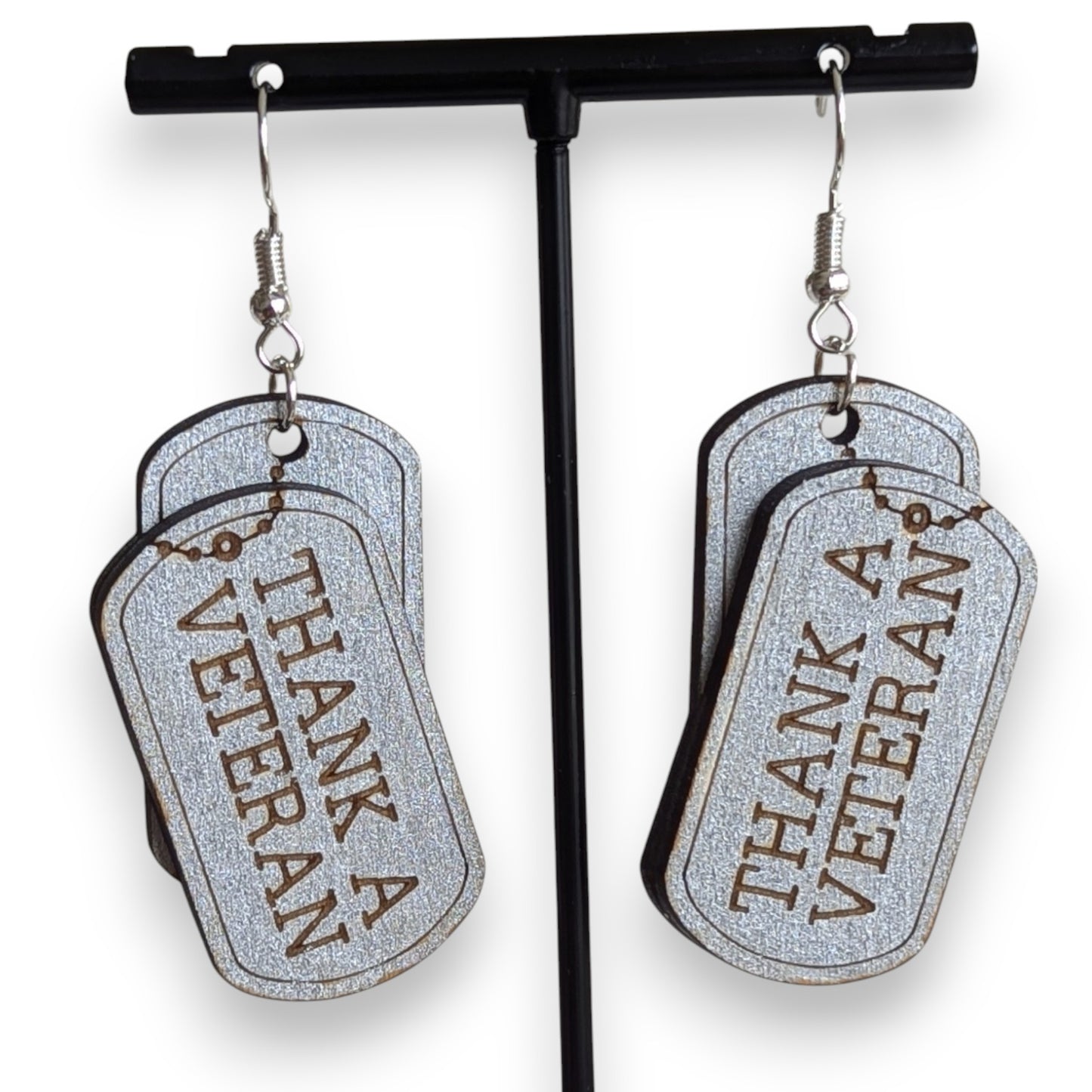 Thank a Veteran Dog Tag Wood Earrings