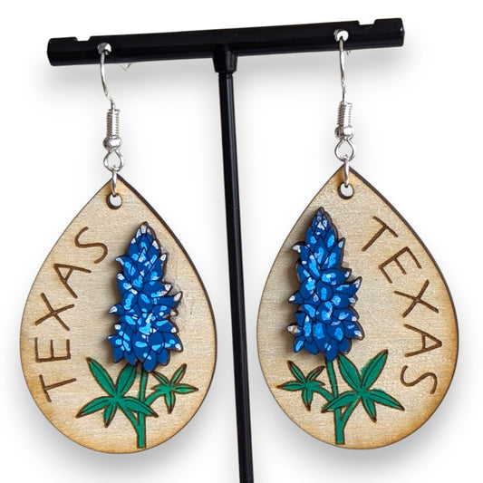 Texas Blue Bonnet Layered Wood Earrings