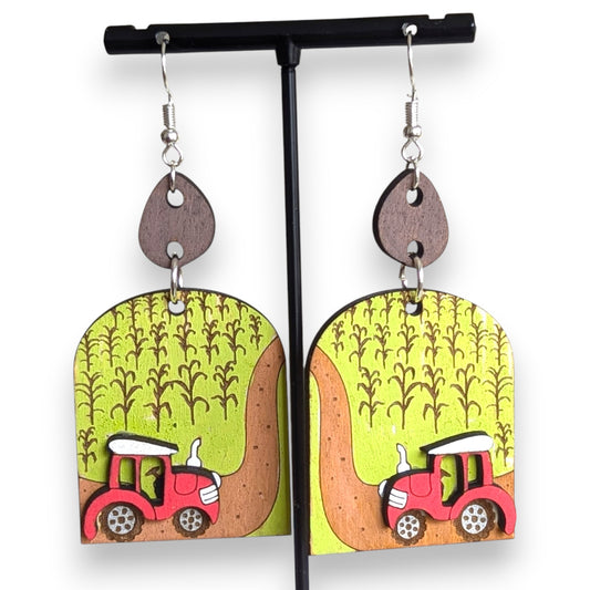 Farm Life Field Layered Wood Earrings