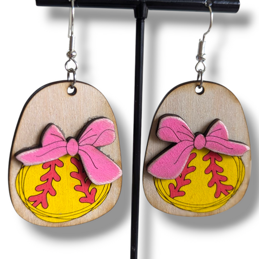 Softball Bow Layered Wood Earrings