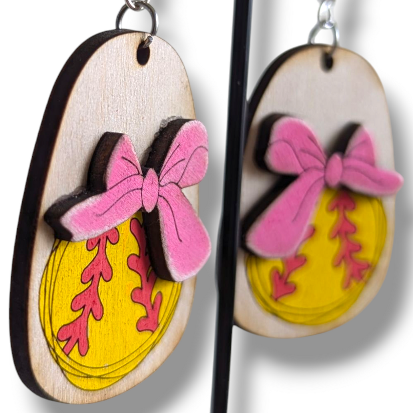 Softball Bow Layered Wood Earrings