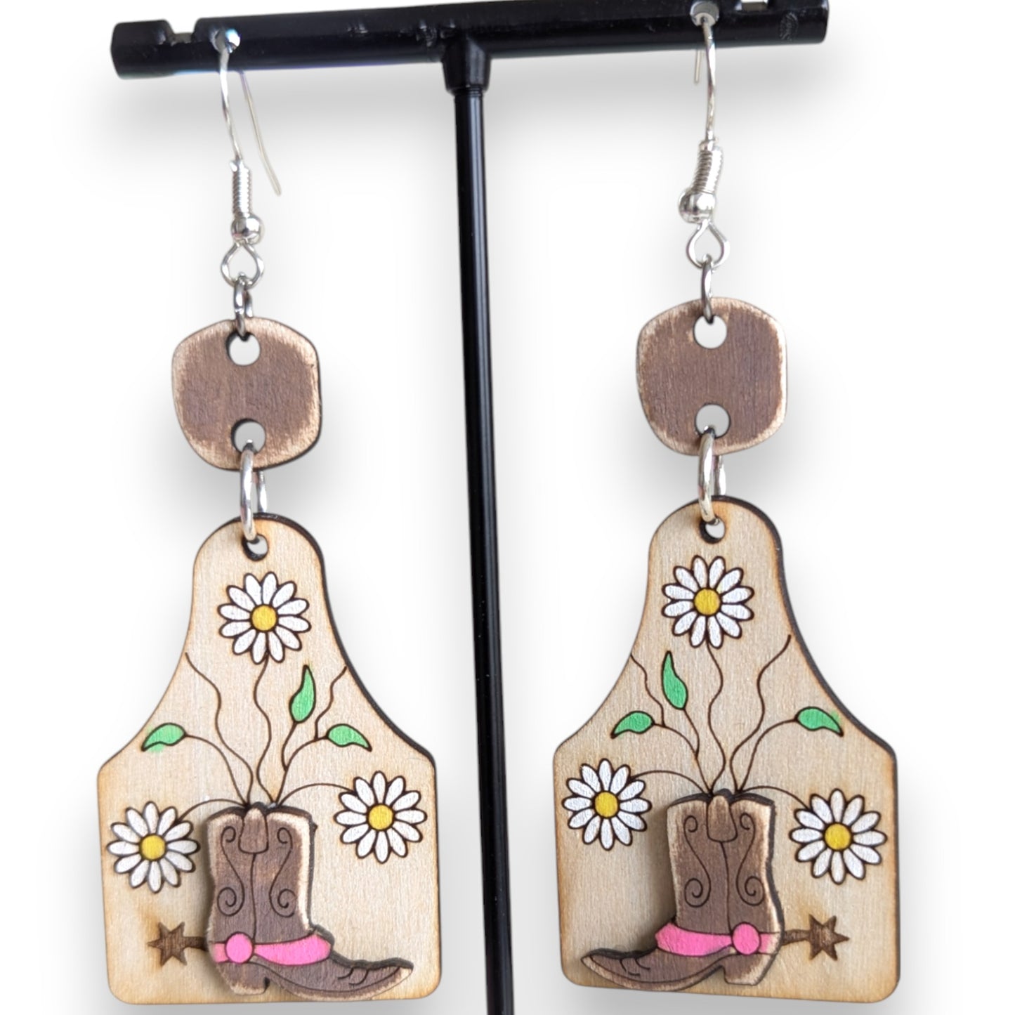 Daisy Cowboy Boots Layered Wood Earrings