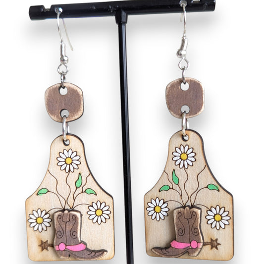 Daisy Cowboy Boots Layered Wood Earrings