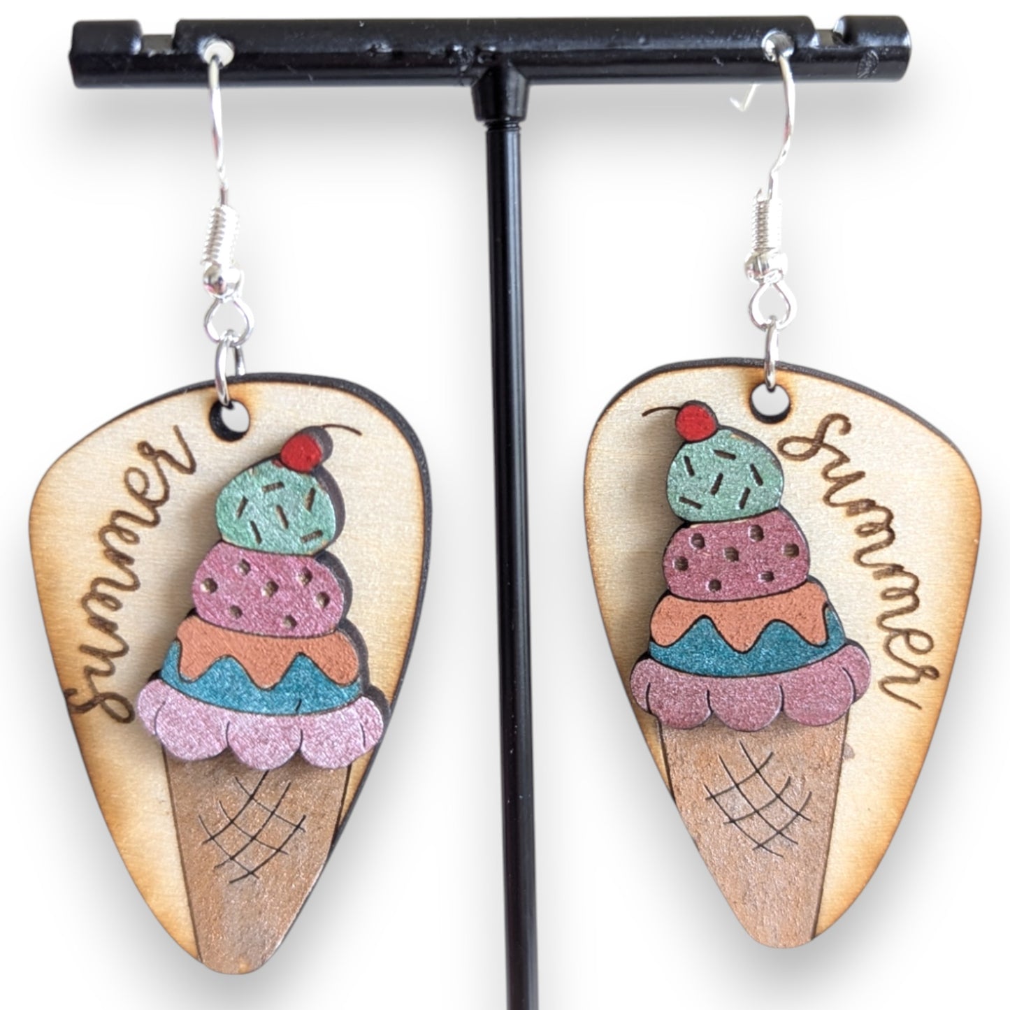 Summer Ice Cream Cone Layered Wood Earrings