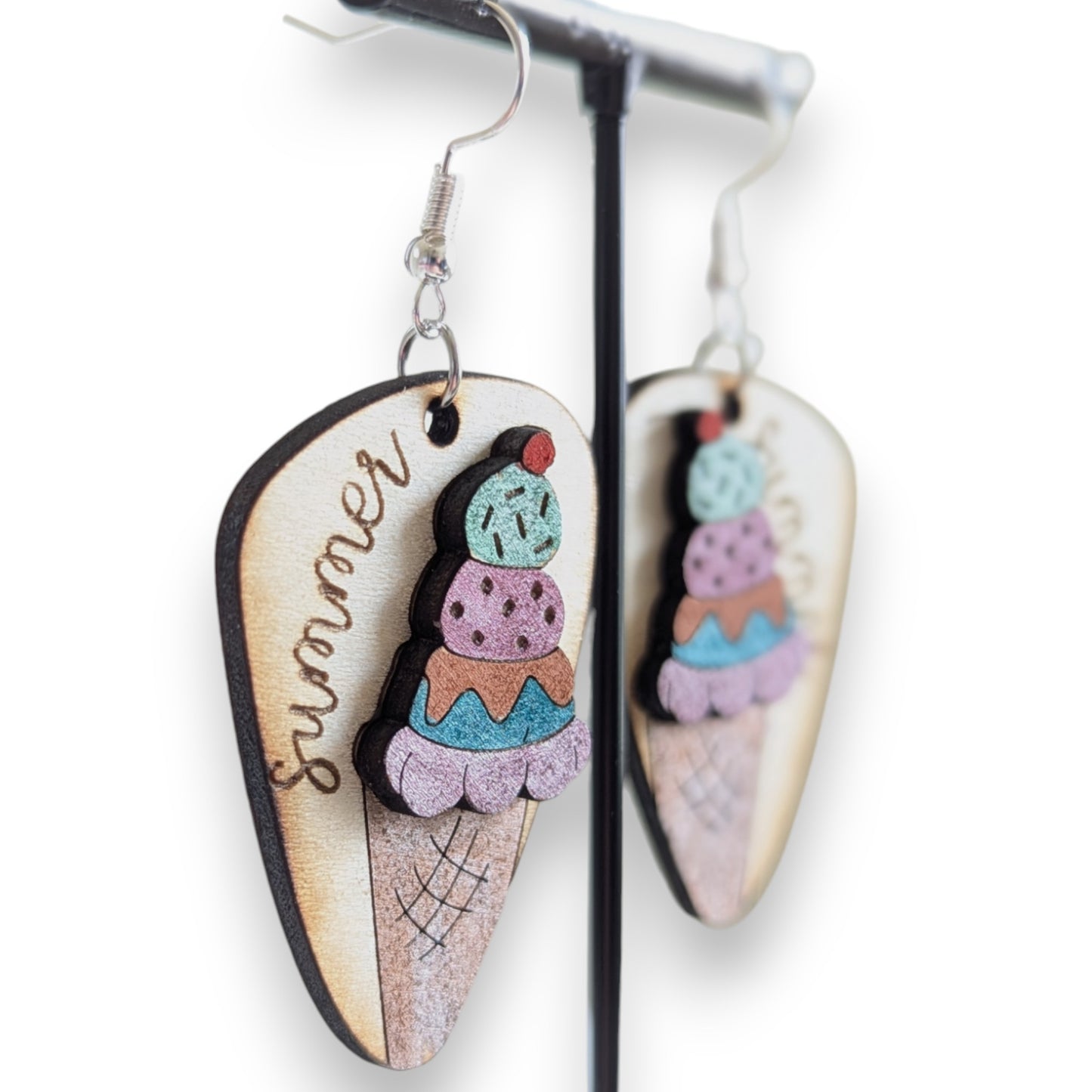 Summer Ice Cream Cone Layered Wood Earrings