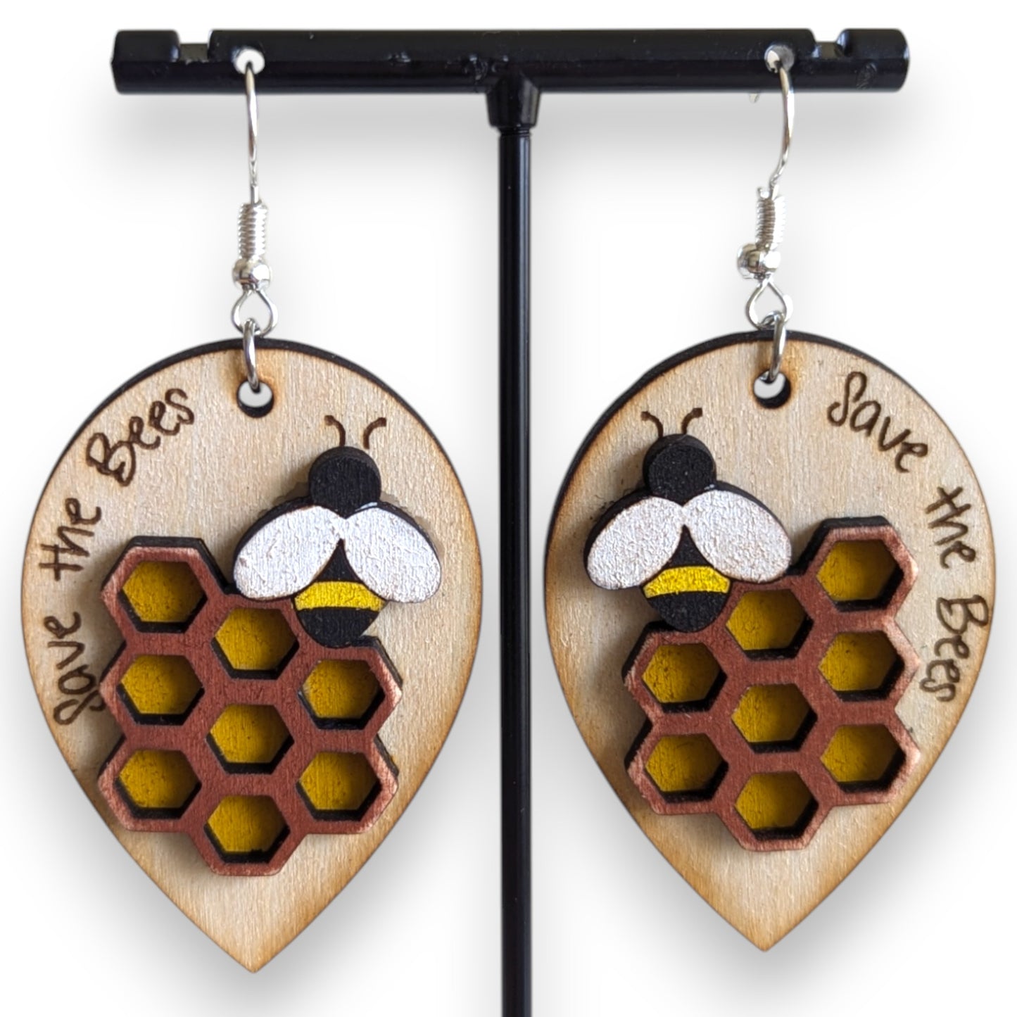 Save the Bees Layered Wood Earrings