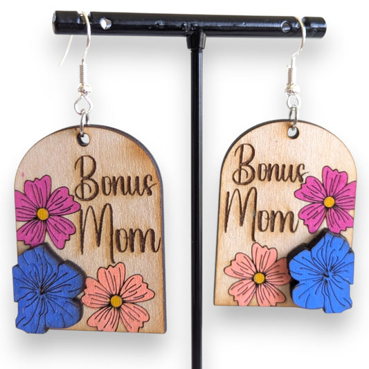 Flower Bonus Mom Layered Wood Earrings