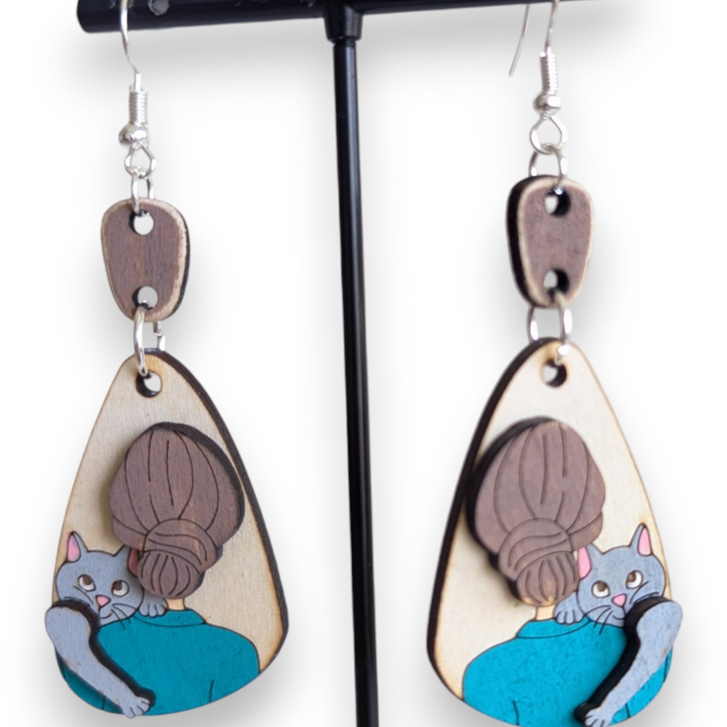 Cat Lady Layered Wood Earrings