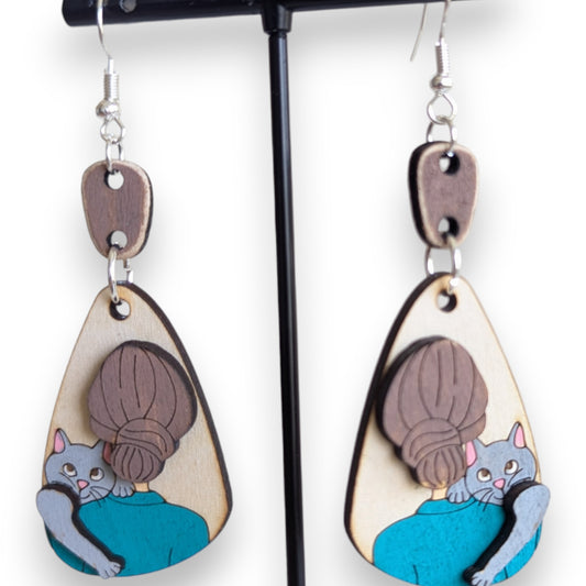 Cat Lady Layered Wood Earrings