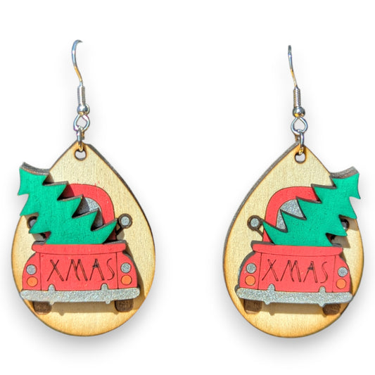 Christmas Tree Truck Layered Wood Earring