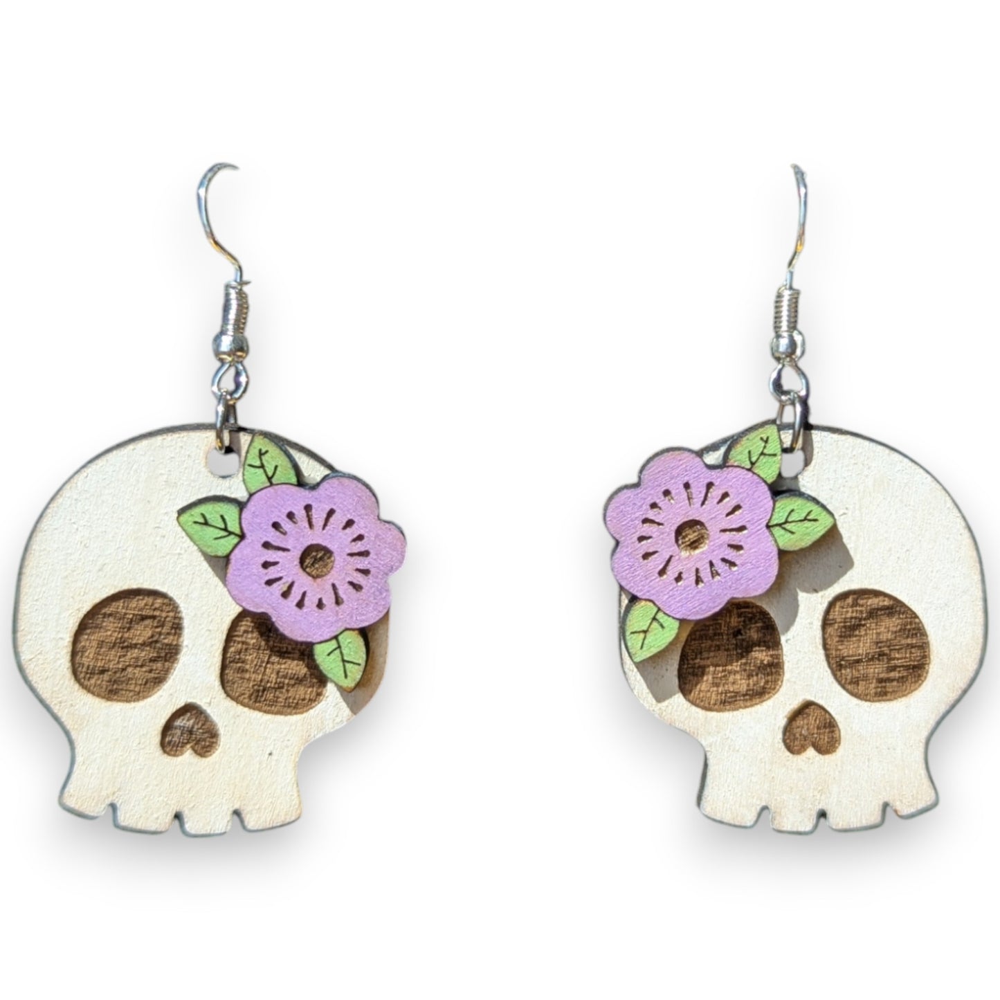 Skulls and Flower Wood Earrings