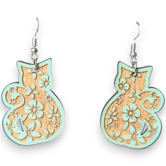Floral Flower Cat Wood Dangle Earring