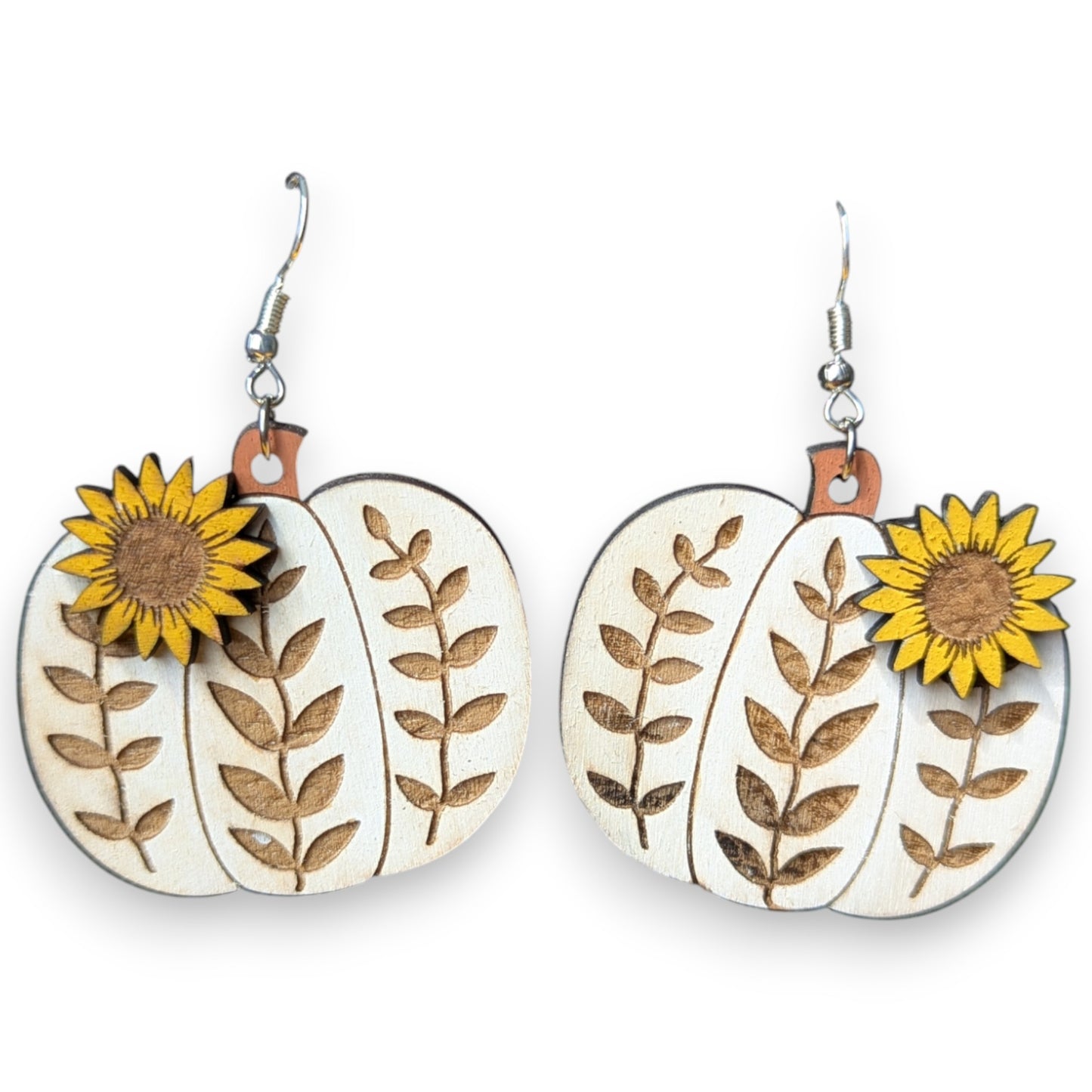 Pumpkin and Sunflower Wood Dangle Earrings