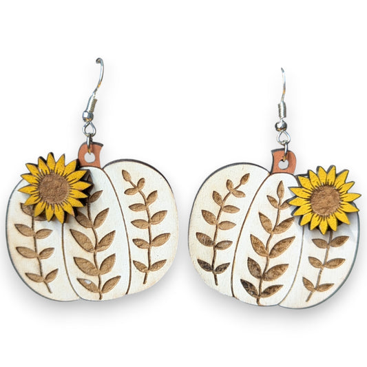Pumpkin and Sunflower Wood Dangle Earrings
