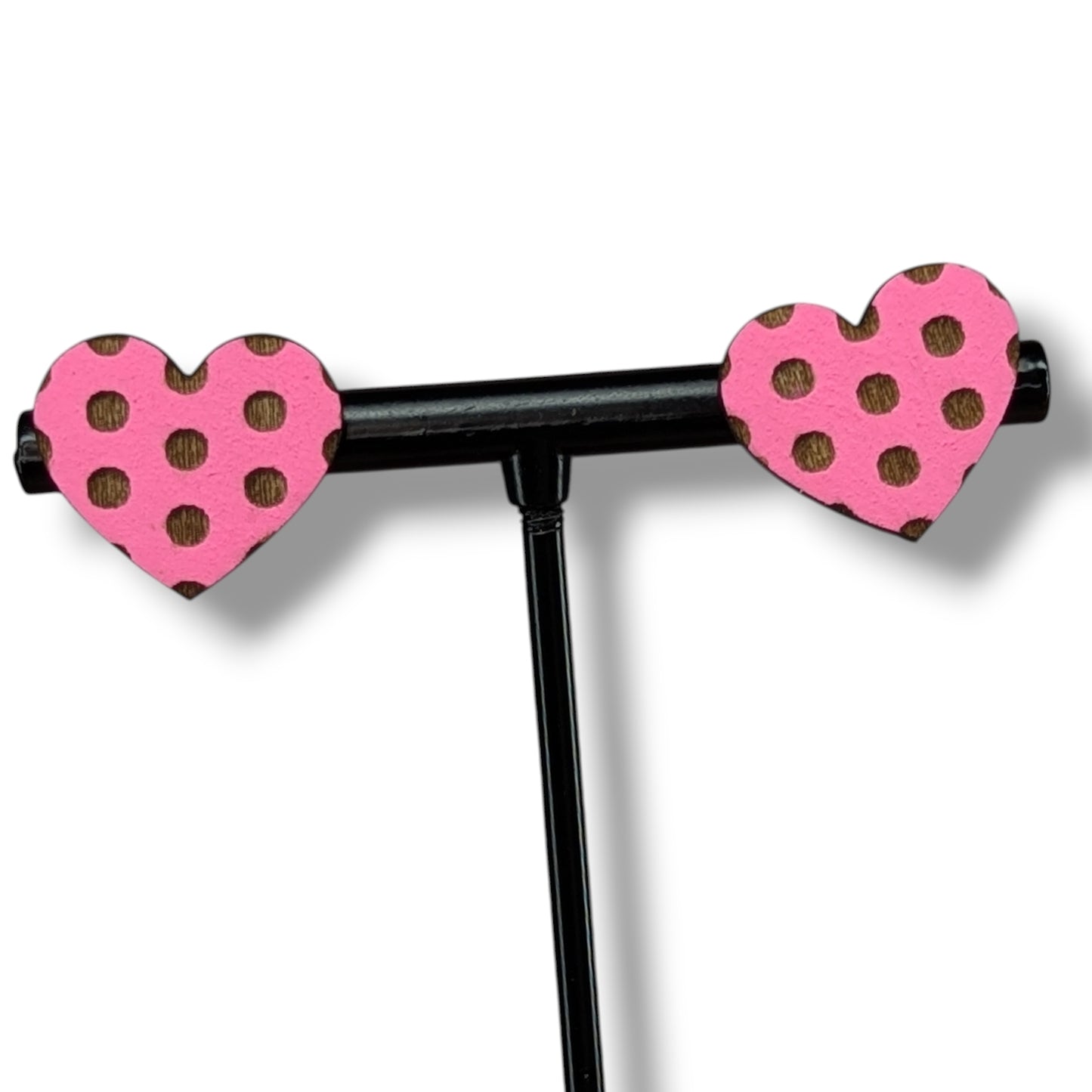 Polka Dot Heart Wood Stud Earrings