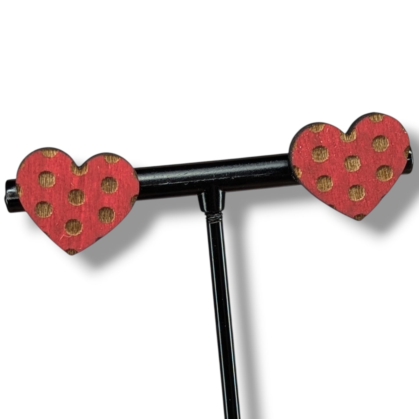 Polka Dot Heart Wood Stud Earrings
