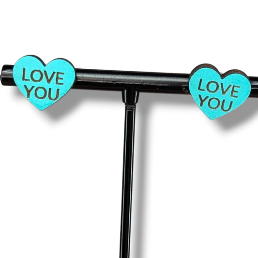Love You Wood Heart Stud Earrings