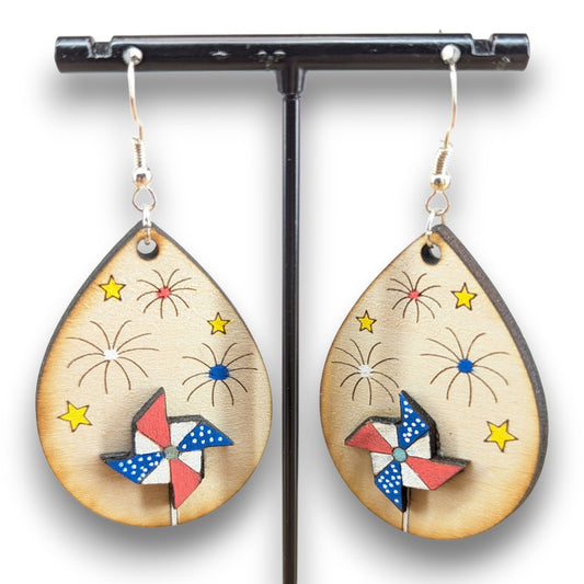 Patriotic Pinwheel Wood Earrings