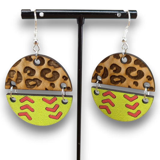 Leopard Softball Wood Earrings