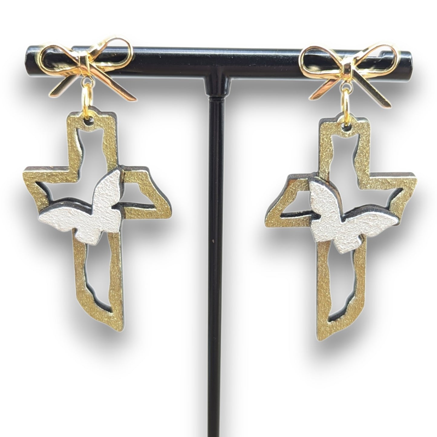 Cross with Dove Wood Layered Earrings