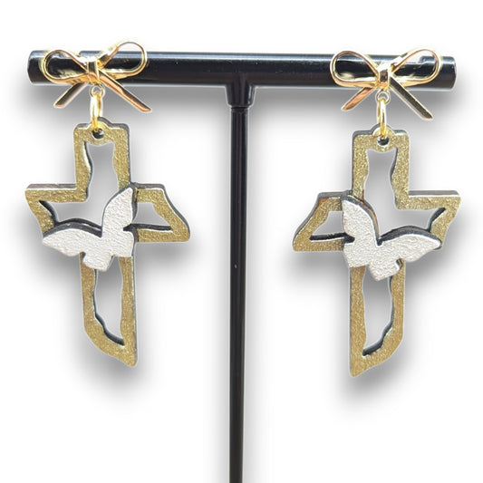 Cross with Dove Wood Layered Earrings