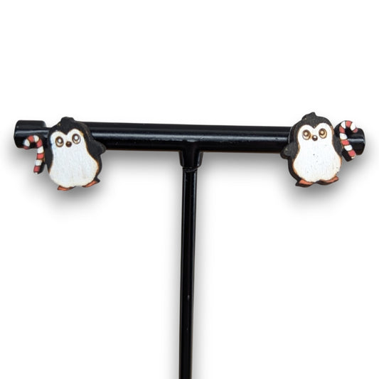 Penguin with Candy Cane Stud Earring