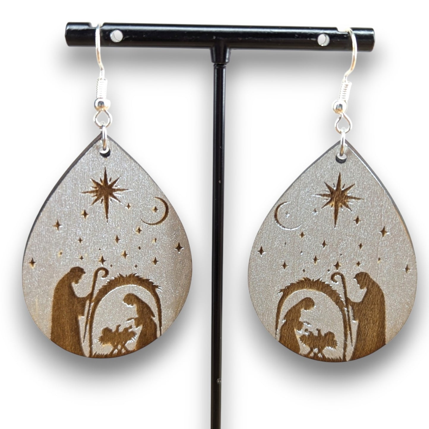 Nativity Engraved Wood Earrings
