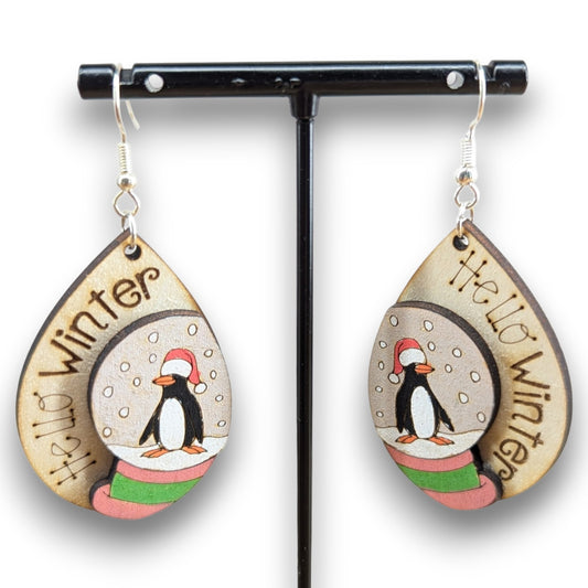 Snow Globe Penguin Wood Layered Earrings