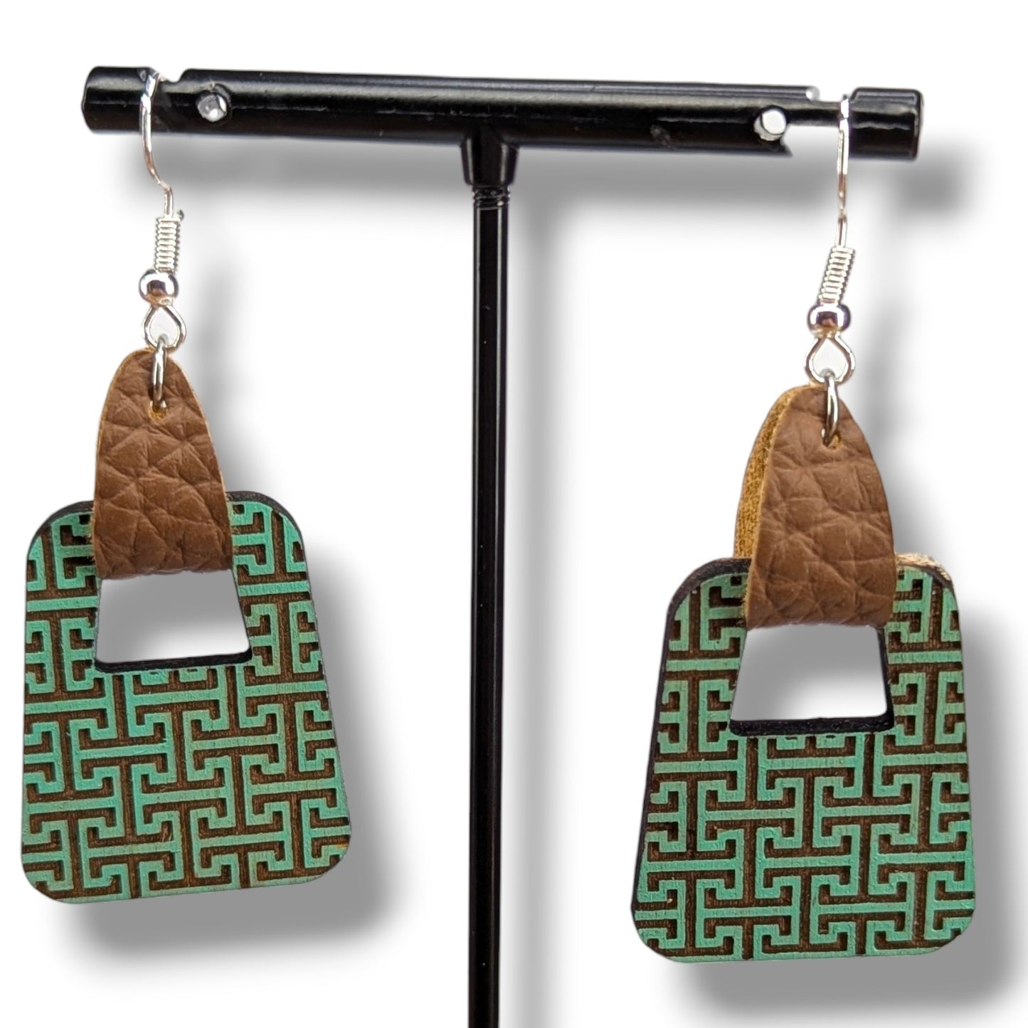 Modern Greek Key Wood Earrings