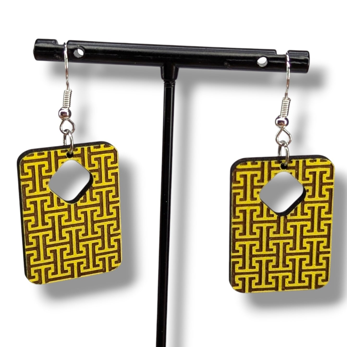 Modern Greek Key Wood Earrings