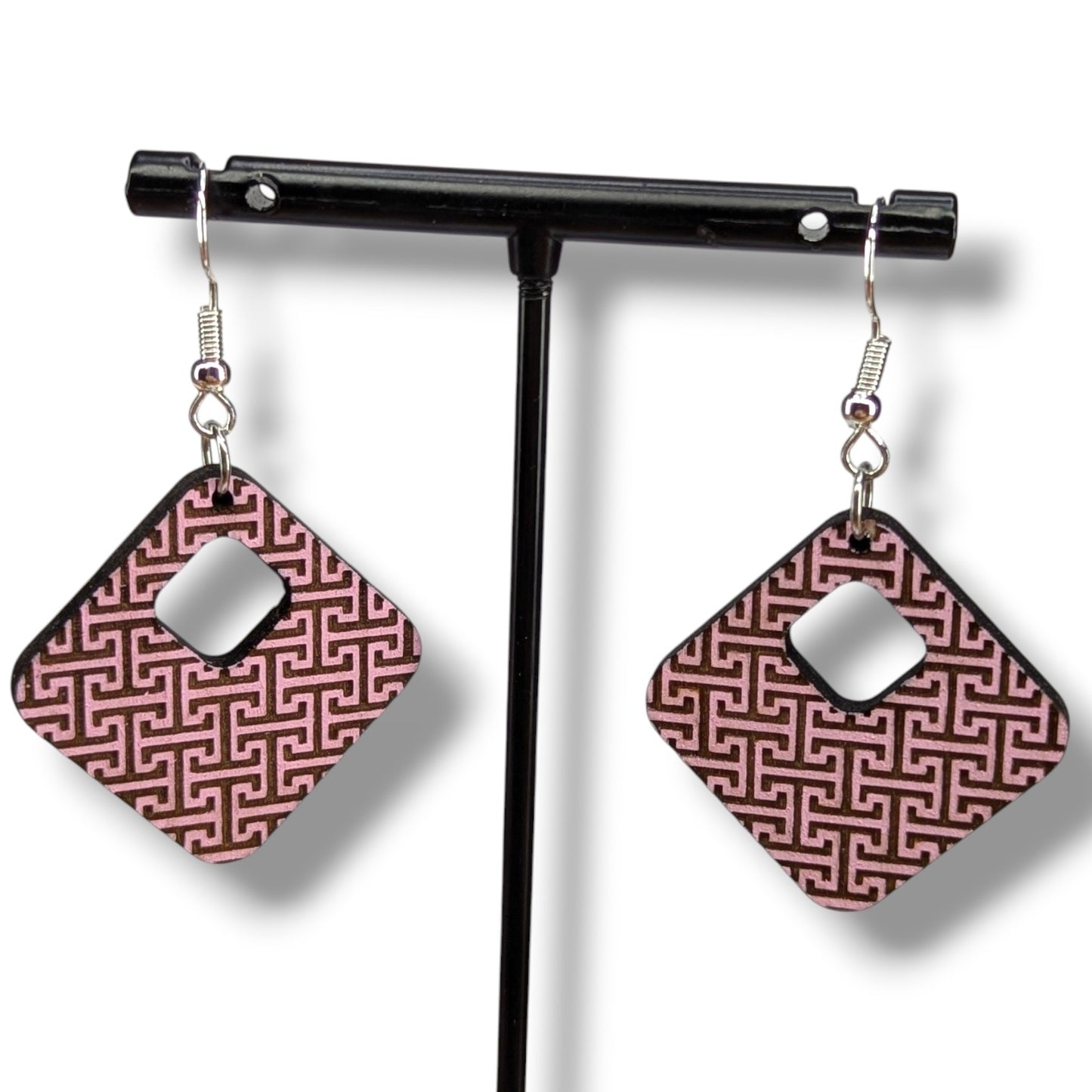 Modern Greek Key Wood Earrings